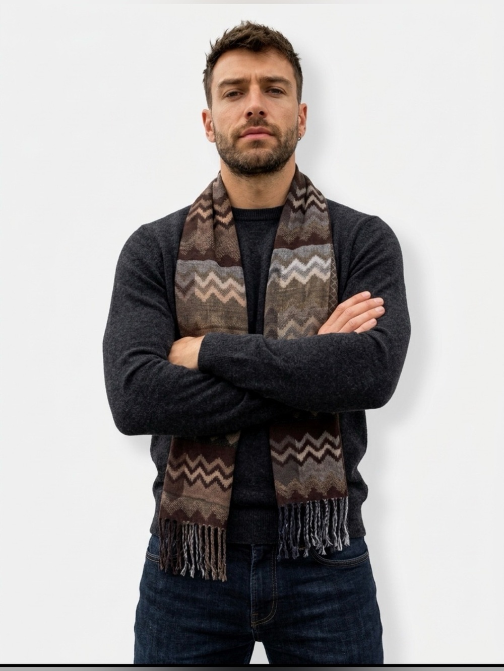 Unisex Retro Earthy Brown & Beige Zigzag Chevron Fringe Scarf - 100% Viscose